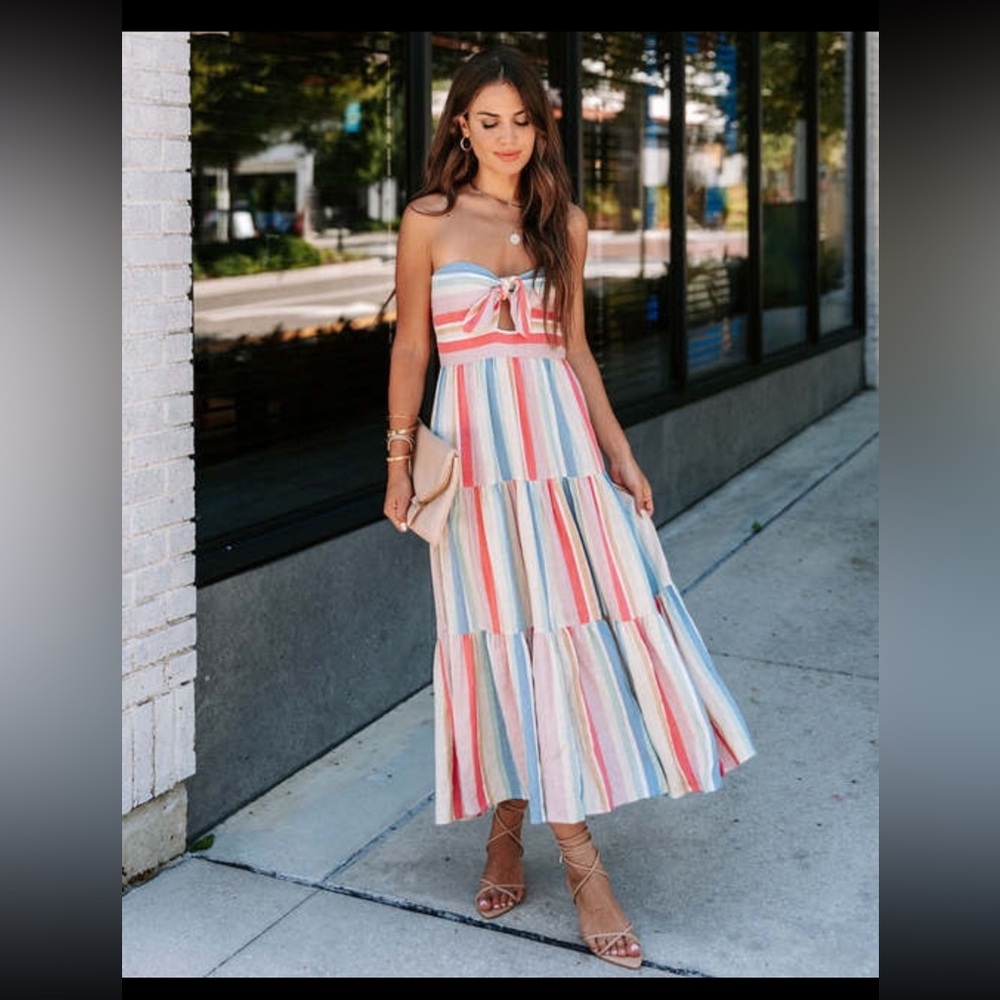 VICI Valentina Striped Strapless Midi Dress